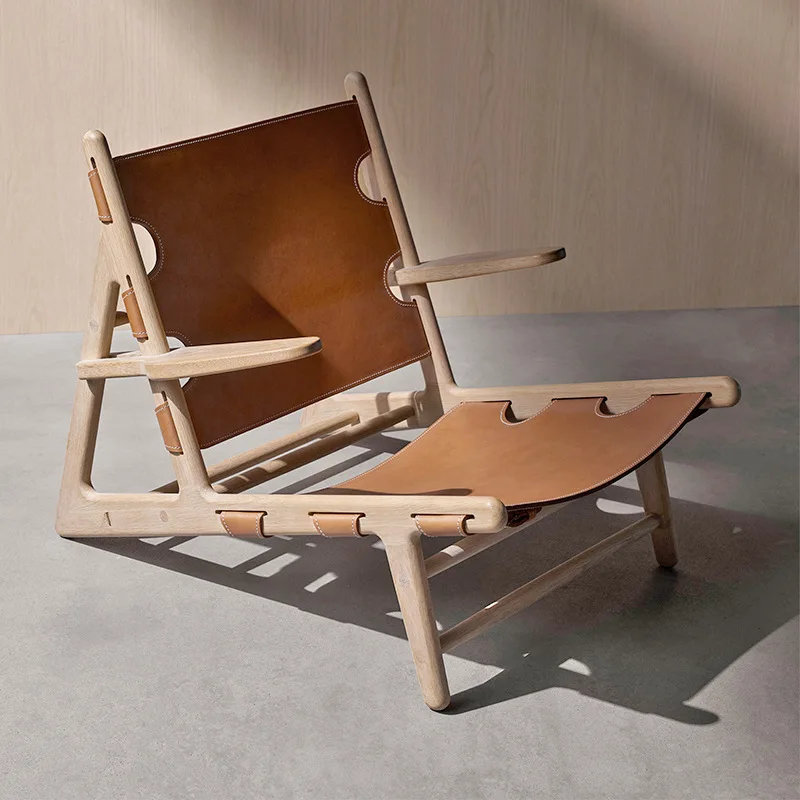 Nordic Single Sofa Chair Saddle Leather Solid Wood Leisure Hunting Living Room Balcony Back Household