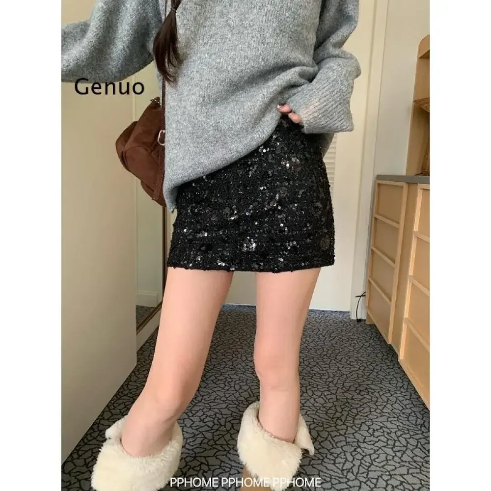 Women's Light Luxury Shimmery High Waist A-Line Faux Wool Tweed Exquisite Mini Skirt