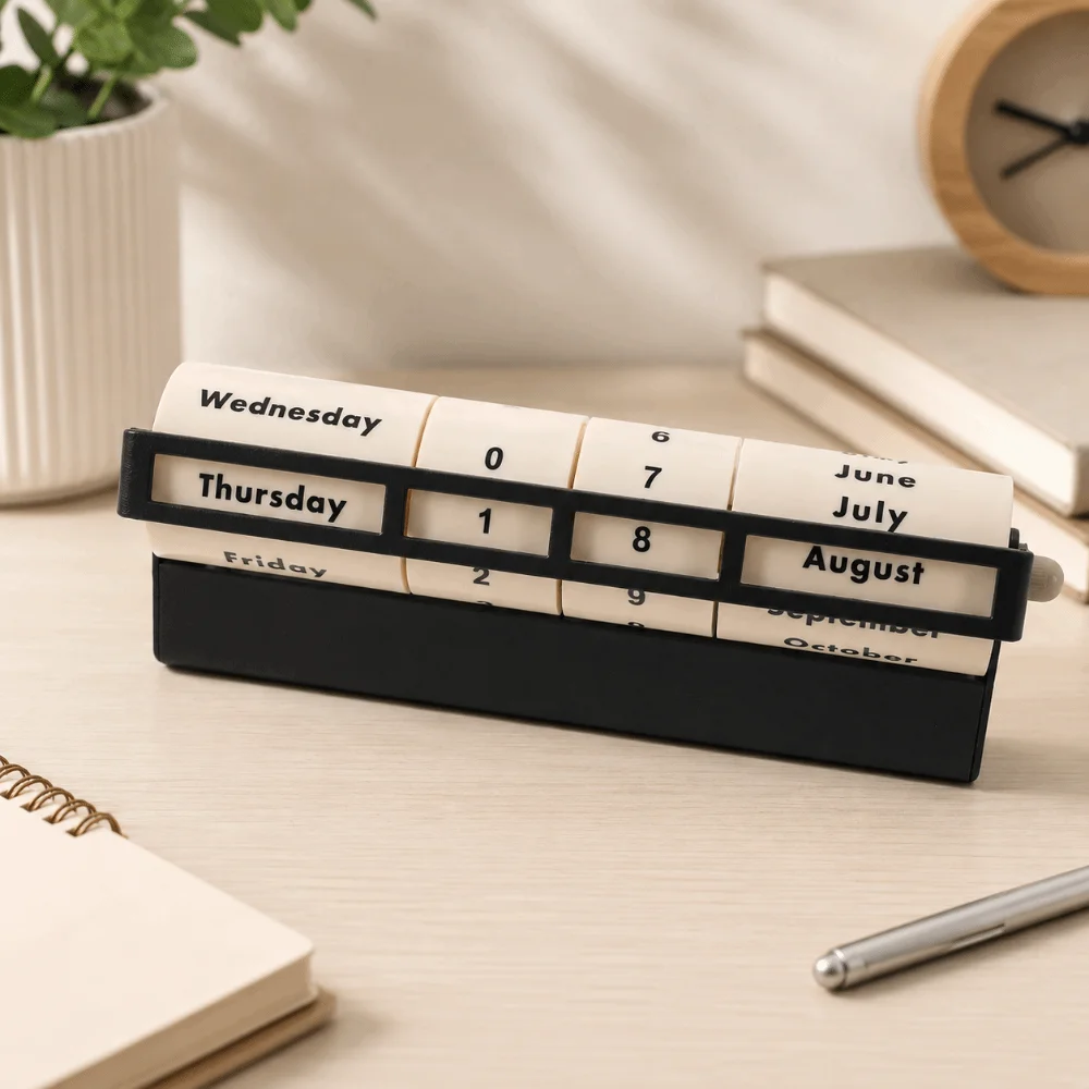 Creative Rotating Perpetual Calendar Metal Frame Manual Rotary Desk Calendar Study Reusable Wheel Manual Desk Calendar