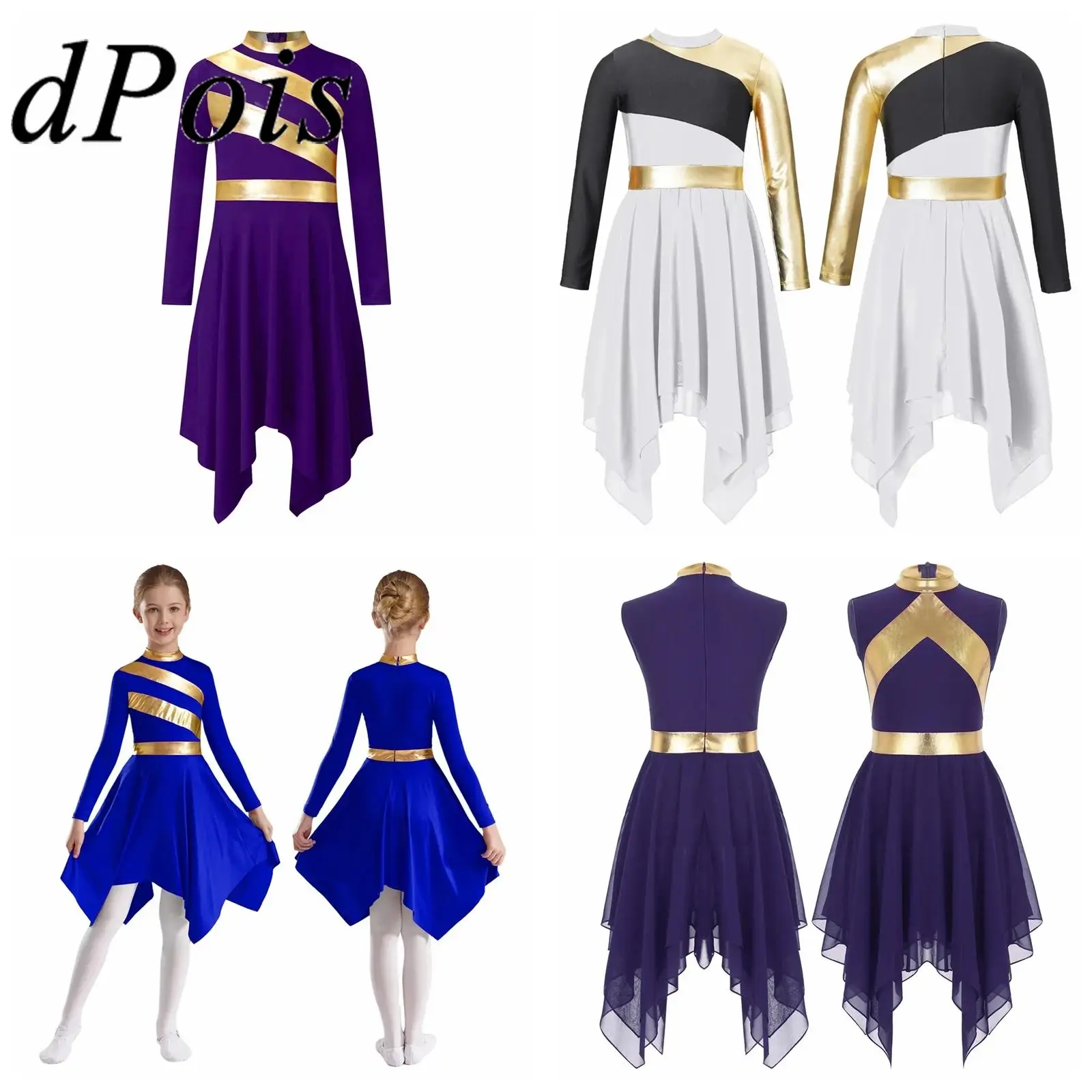 Kids Girls Worship Dancewear Praise Dance Dresses Metallic Irregular Hem Dancewear Long Sleeve Lyrical Choir Liturgical Dress