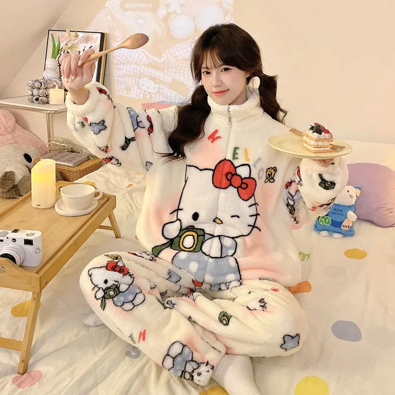 سانريو كورومي مرحبا كيتي منامة الفانيلا امرأة الشتاء الكرتون رشاقته 2 قطعة مجموعة Y2K Kawaldi الملابس المنزلية طويلة الأكمام