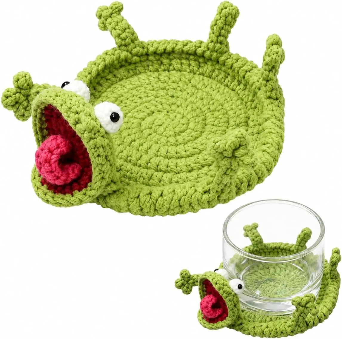 Crochet Lizard Coaster, Green 3D Handmade Animal Cup Mat, Interactive Knit Mug Rug for Coffee Tea Desk Decor, Surface Protection