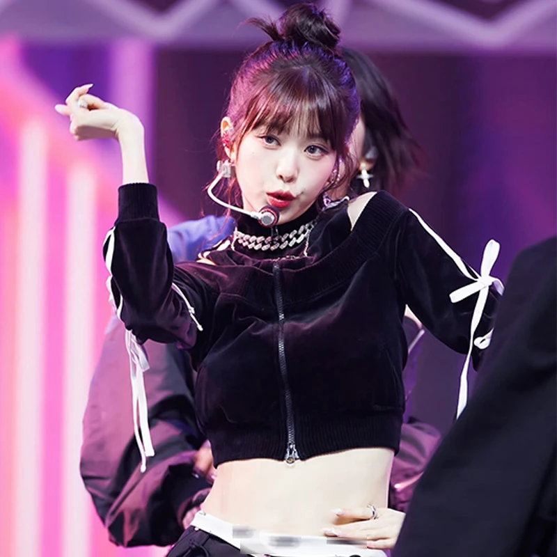 New Jazz Dance Tops Black Velvet Long Sleeves Bow Y2K Design Short Blouse Adult Kpop Dance Outfits Singer Stage Costume BL5901