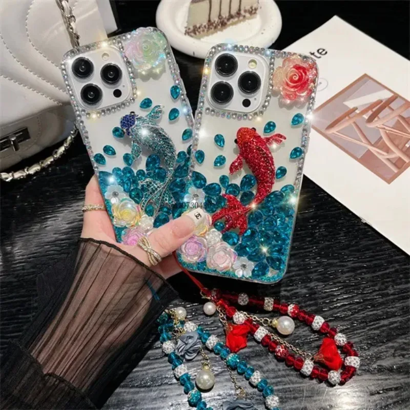 

Chinese style Koi carp auspicious Flash diamond With a bracelet For iPhone X XR XS 11 12 13 14 15 Pro Max Shockproof Phone case