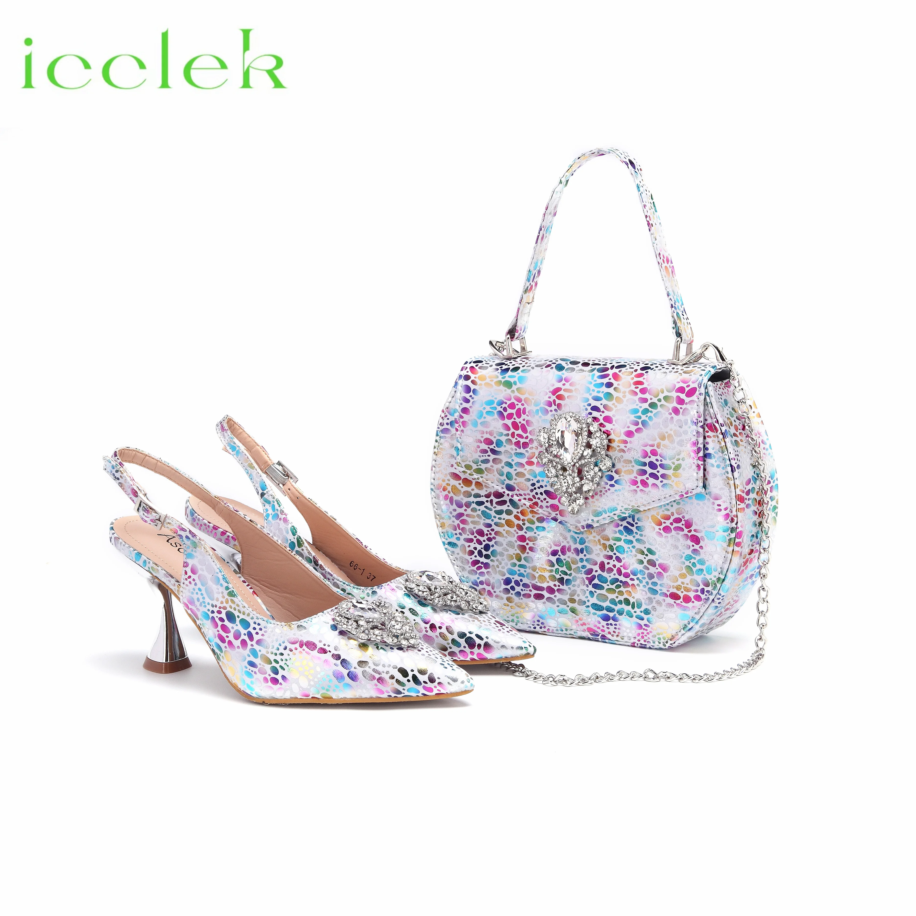 

Hot Selling Silver Design Pointed Toe Mixed Color Design Comfortable Heels Sandal with Bag Set For Party