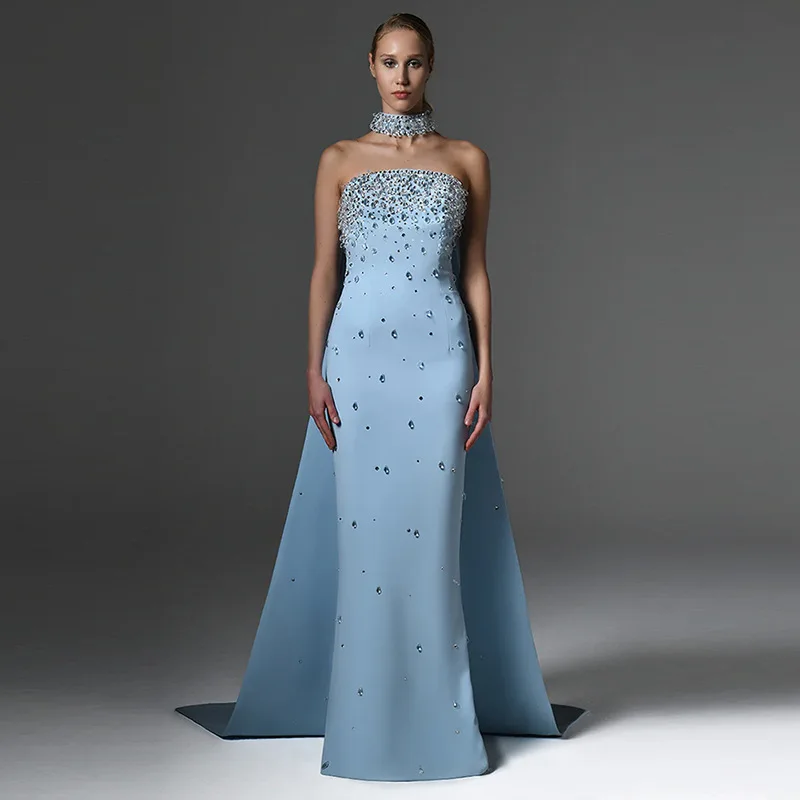 HIGH QUALITY Newest 2026 Designer Fashion Women's Party Gown With Detachable Cape Diamonds Beaded Embellishments Long Dress