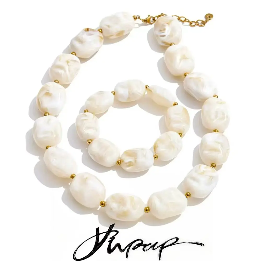 Amber Beige Acrylic Resin Beaded Jewelry Set: Necklace Bracelet Bangle