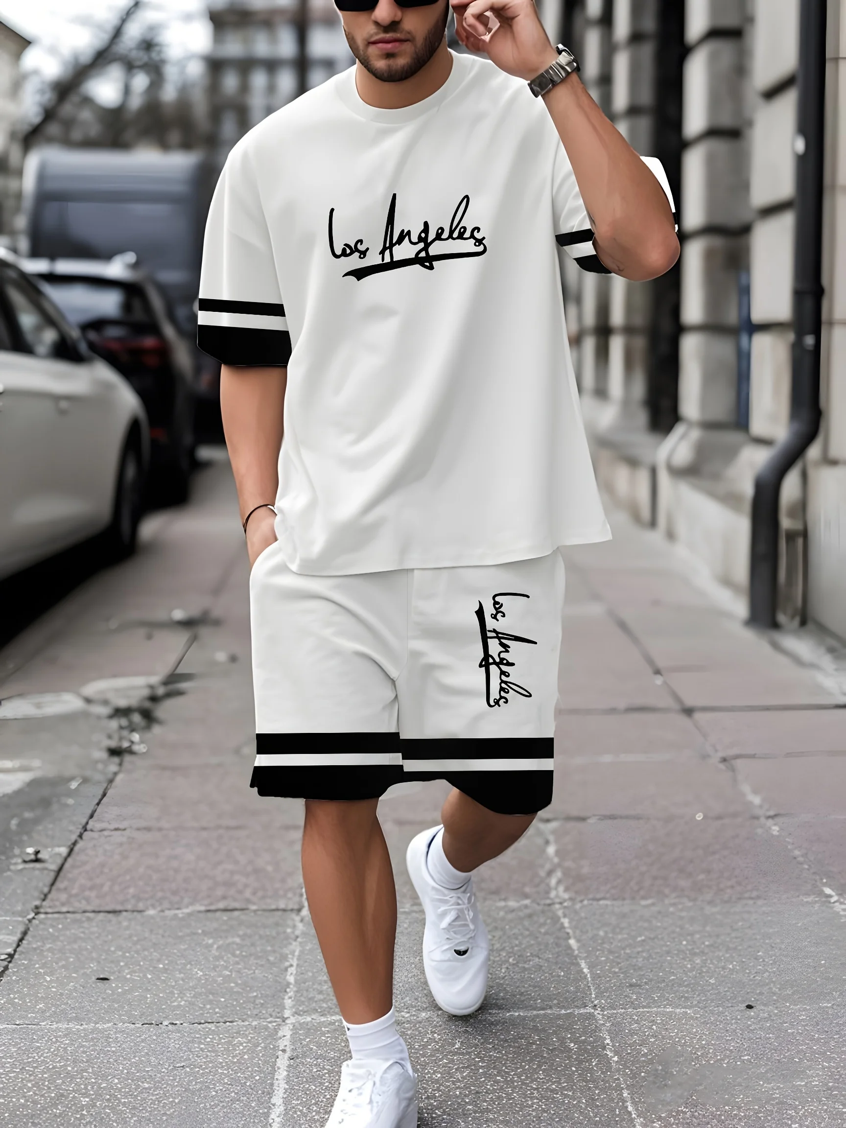 Новинка лета 2025 года, мужская повседневная футболка с короткими рукавами и шорты в полоску с 3D принтом для взрослых, комплект из 2 предметов для бега