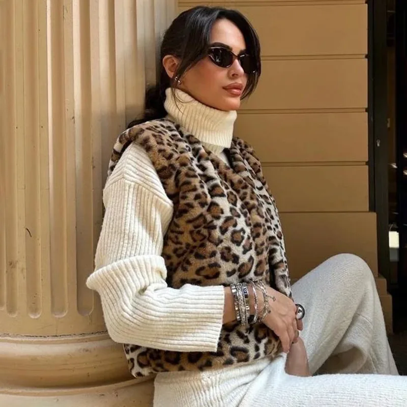 Novo colete de camurça com estampa de leopardo feminino outono e inverno roupas femininas sem mangas casacos de pele elegante casual solto