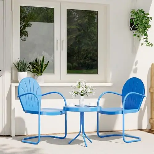 3 Pieces Patio Bistro Set, Retro Metal Outdoor Seating Conversation, 2 C-Spring Retro Metal Patio Chairs and Round Side