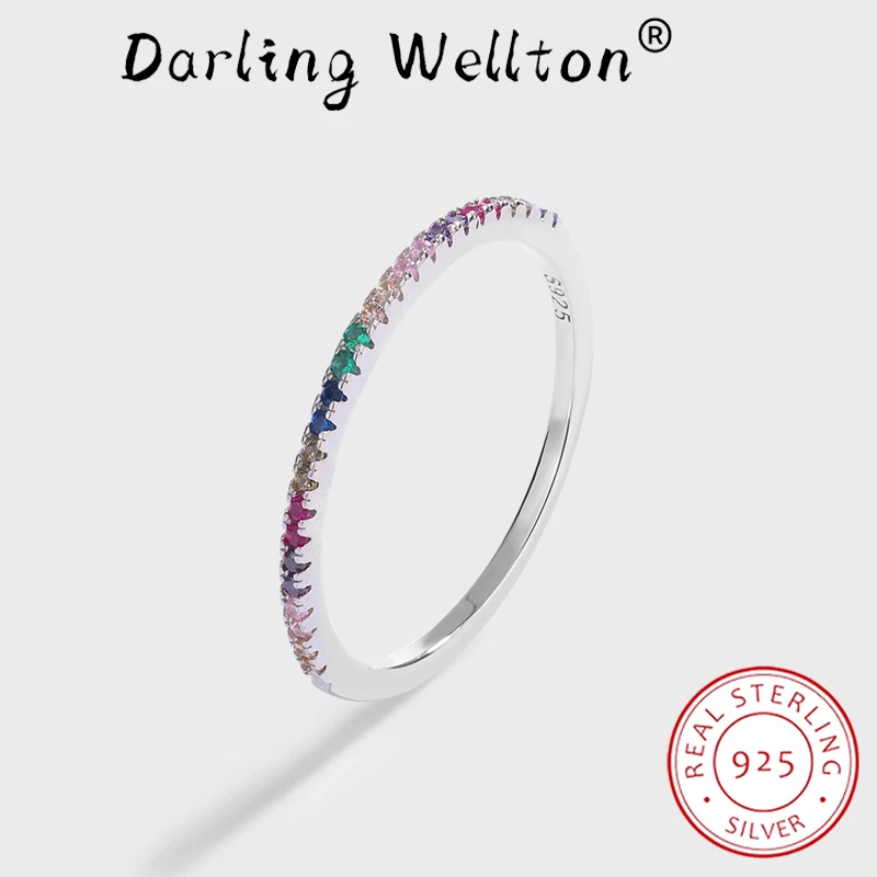 

NEW Classic Rainbow Single Row Full of Diamonds Emerald Ruby Couple Rings For Women Original Sterling Silver Gift Party Jewelry