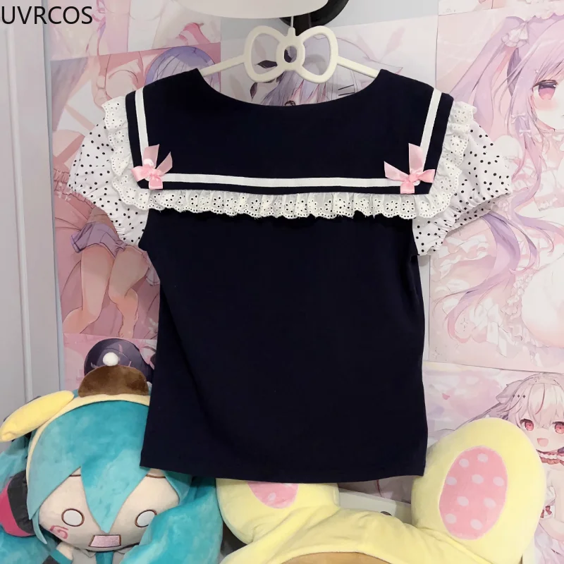 Harajuku Y2k Lolita T-Shirts Women Kawaii Bow Sailor Collar Polka Dot Short Sleeve Tops Girls Punk Style Panda Embroidery Tees