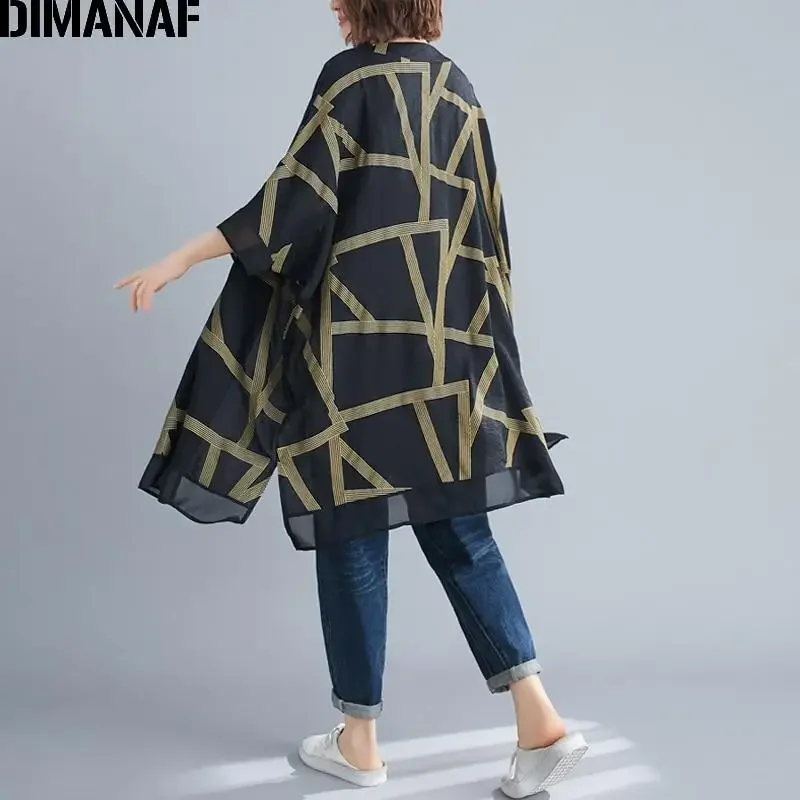 DIMANAF Summer Plus Size Jackets Coats Women Clothing Vintage Print Striped Lady Outerwear Loose Casual Zipper Cardigan Thin