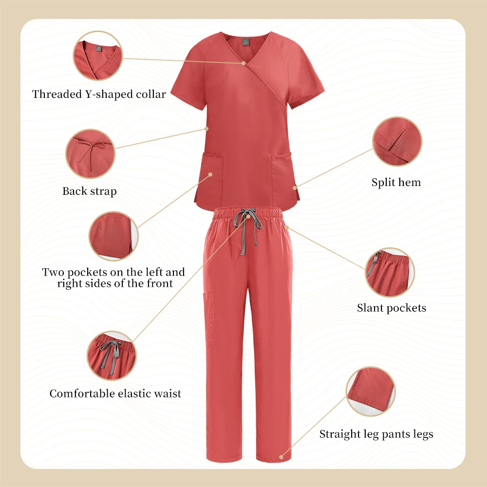 Verpleegkundige Accessoires Medische Scrubs Uniformen Vrouwen Chirurgisch Pak Y-hals Tops + broek Werkkleding Tandheelkunde Arts Werkkleding Groothandel