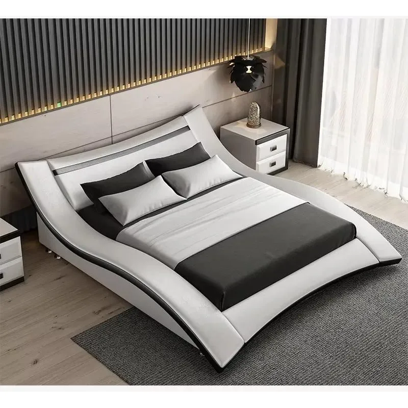 Light Luxury Leather Bed with Solid Wood Frame Double Size Master Bedroom Furniture Set