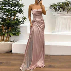 Sexy Slim Strapless Tube Top Party Dress Elegant Patchwork Mesh High Split Evening Dresses Fashion Hollow Out Women's Prom Gown