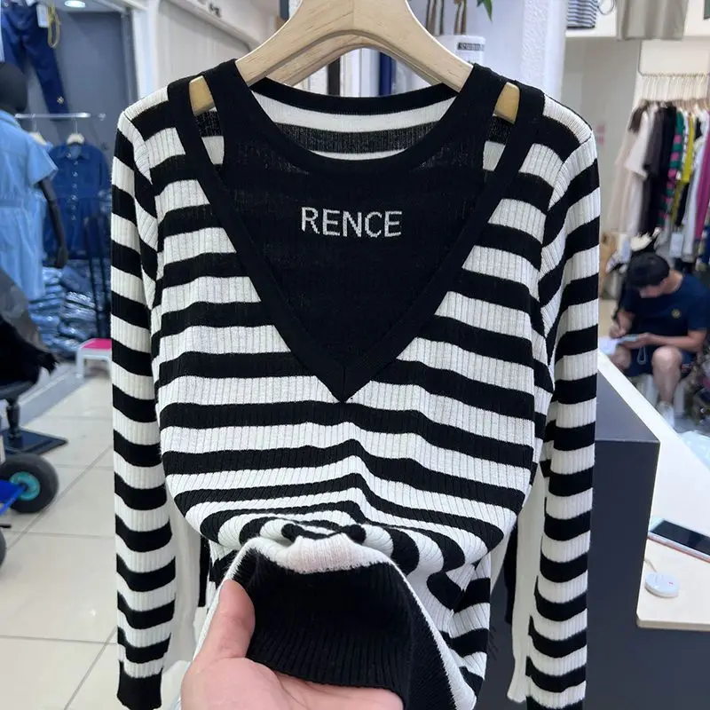 

Off Shoulder Striped Loose Knitted Sweater Spring Autumn New Letter Embroidery Loose Pullovers Casual Vintage Women Clothing