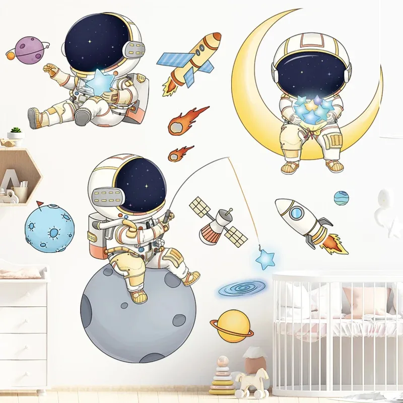 Astronaut Wall Stickers for Kids Room Nursery, Removable PVC Decals DIY Poster Murals, Bedroom Living Room Home Decor