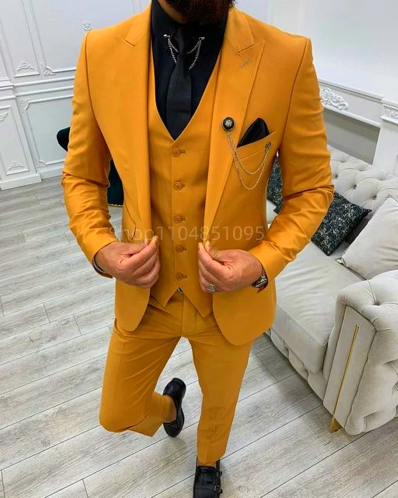 

Elegant Wedding 3 Piece Jacket Pants Vest Full Set Luxury Single Breasted Peak Lapel Blazer Male Clothing Business Men's Suits