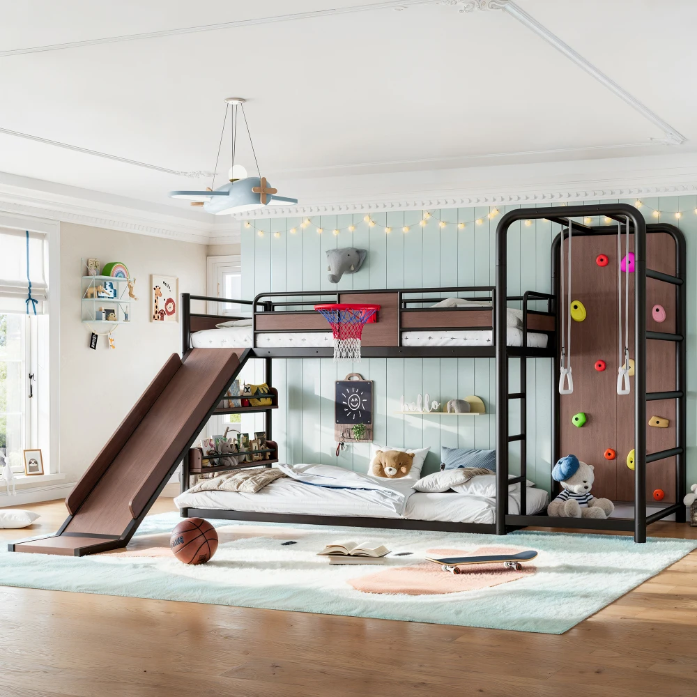 Orraves Twin Size Metal Loft Bed With Slide Basketball Hoop Climbing Wall Pull Up Rings Built In Bookshelves Playful Kids Bedroom Bed Frame Black