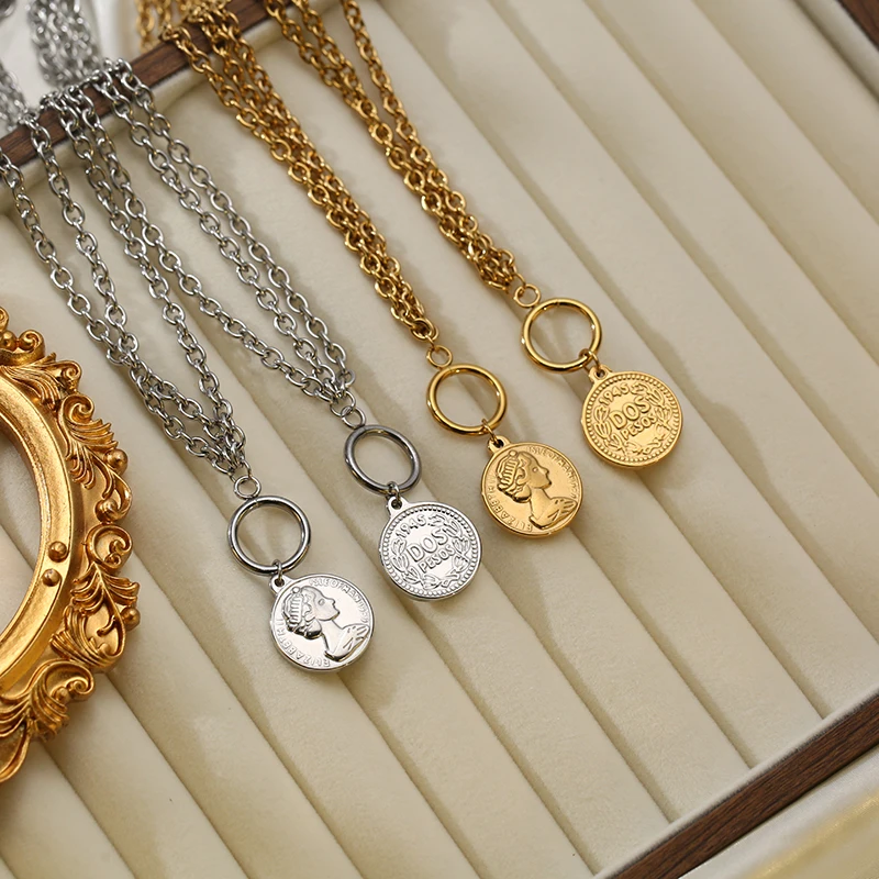 GANPUP 316L Stainless Steel Portrait Coin Charms Bracelet For Women Men Texture Waterproof OT Clasp Wrist Chain Jewelry Gift