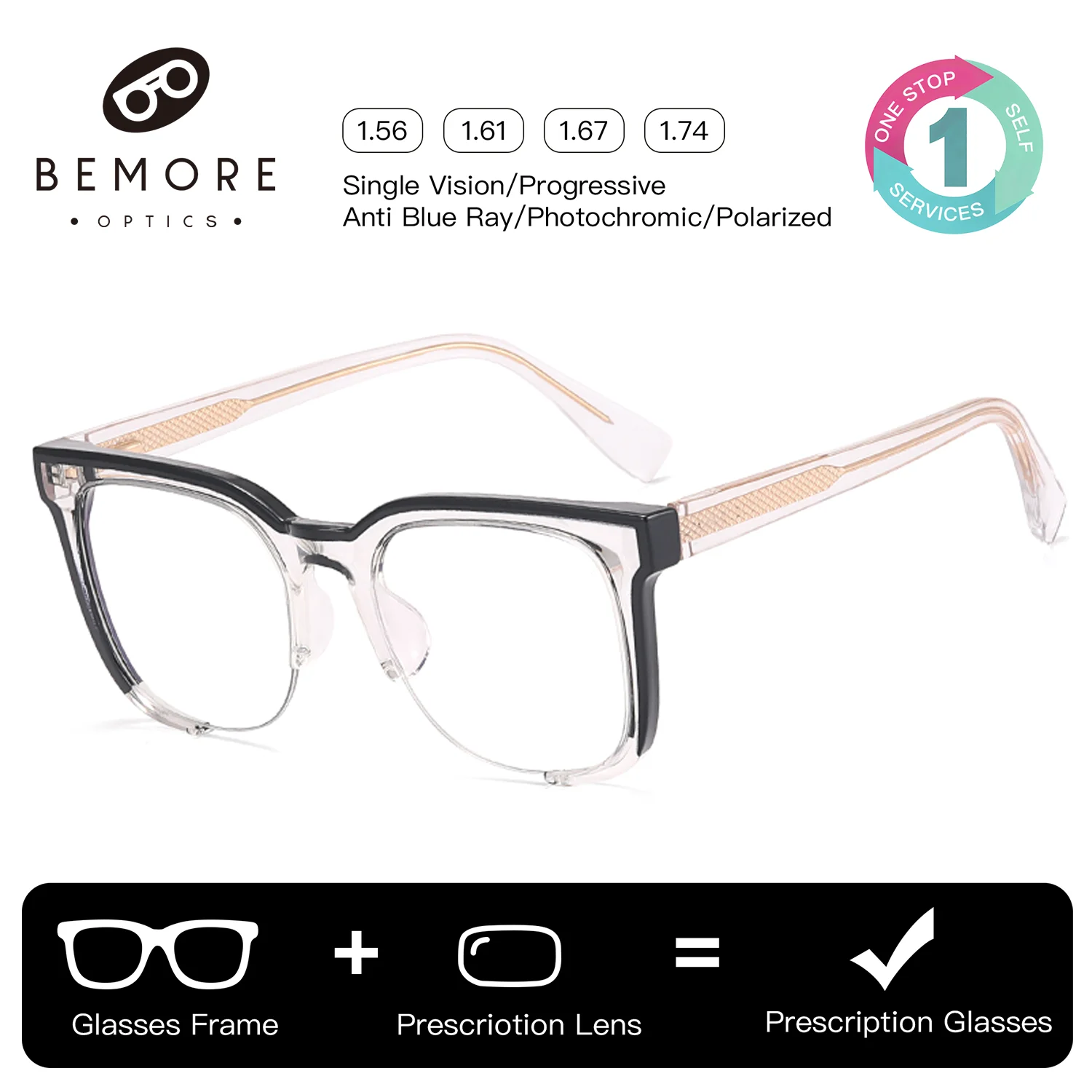 

BEMORE Trendy Square Reading Glasses for Women Anti-Blue Light Photochromic Progressive Prescription Eyewear