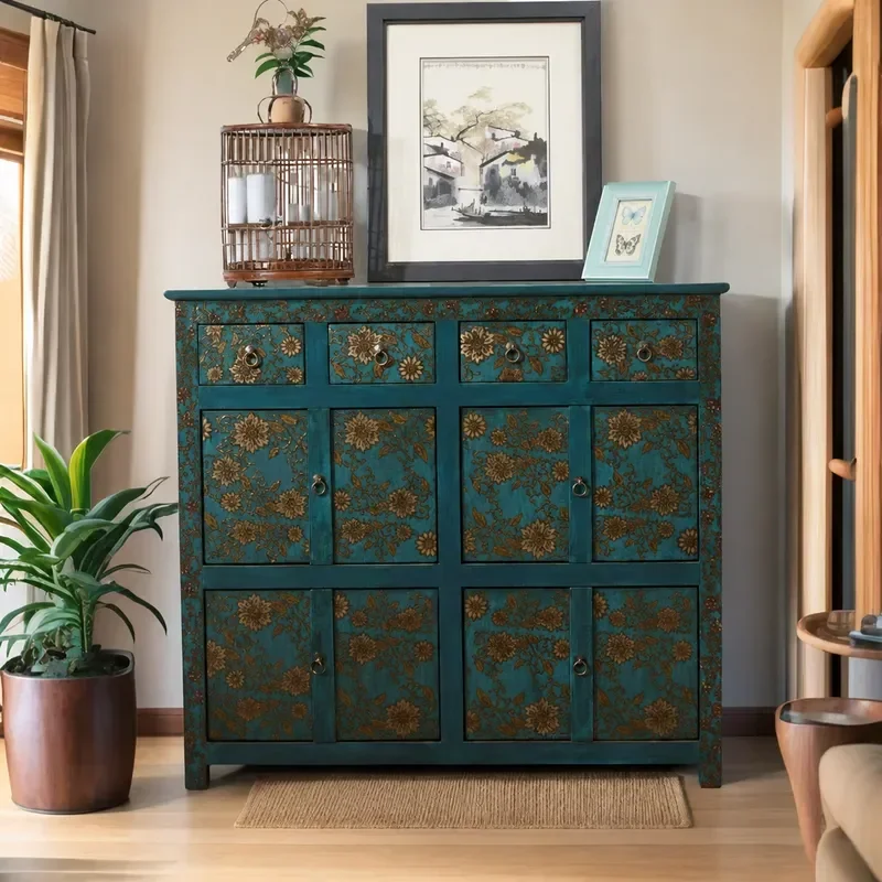 New Chinese Style Solid Wood Retro Dining Side Cabinet Foyer Porch Storage Locker with 3D Pattern Fully Packaged for Home