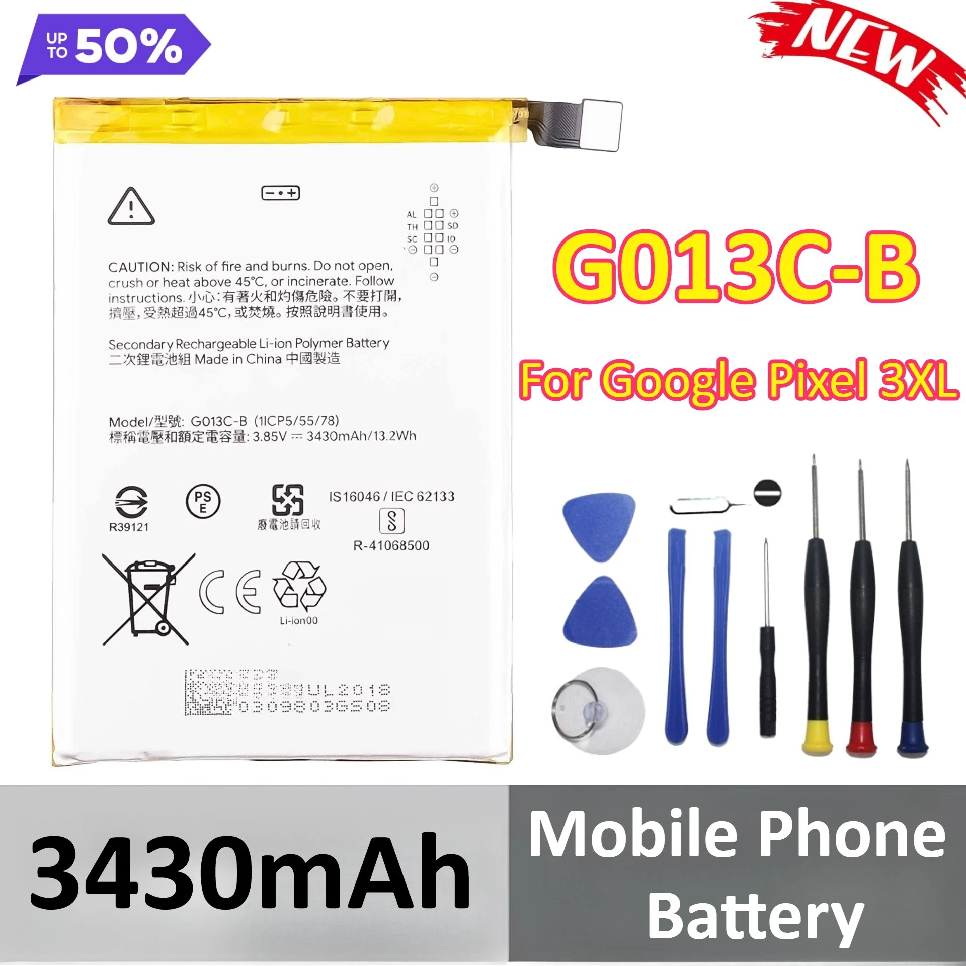 

New G013C-B 3430mAh Mobile Phone Battery For Google Pixel 3XL Batteries + Tools