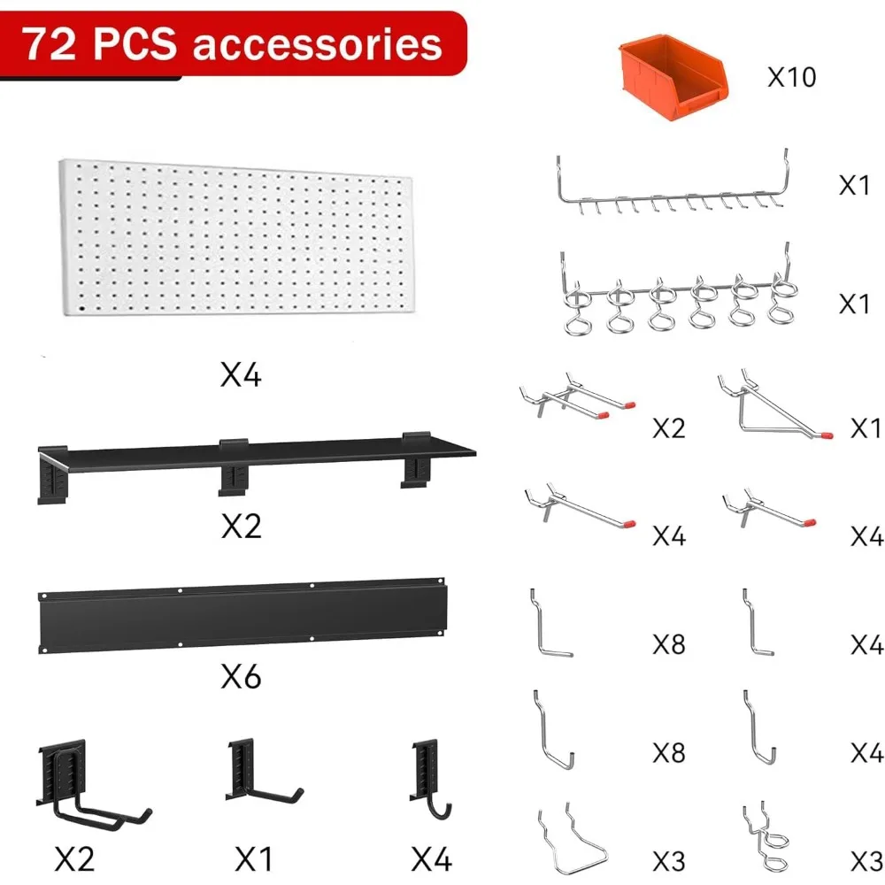 Pegboard Wall Organizer Garage Storage Pegboard with Hooks Storage Bins Tool Board Panel Tool Organizer 72pcs