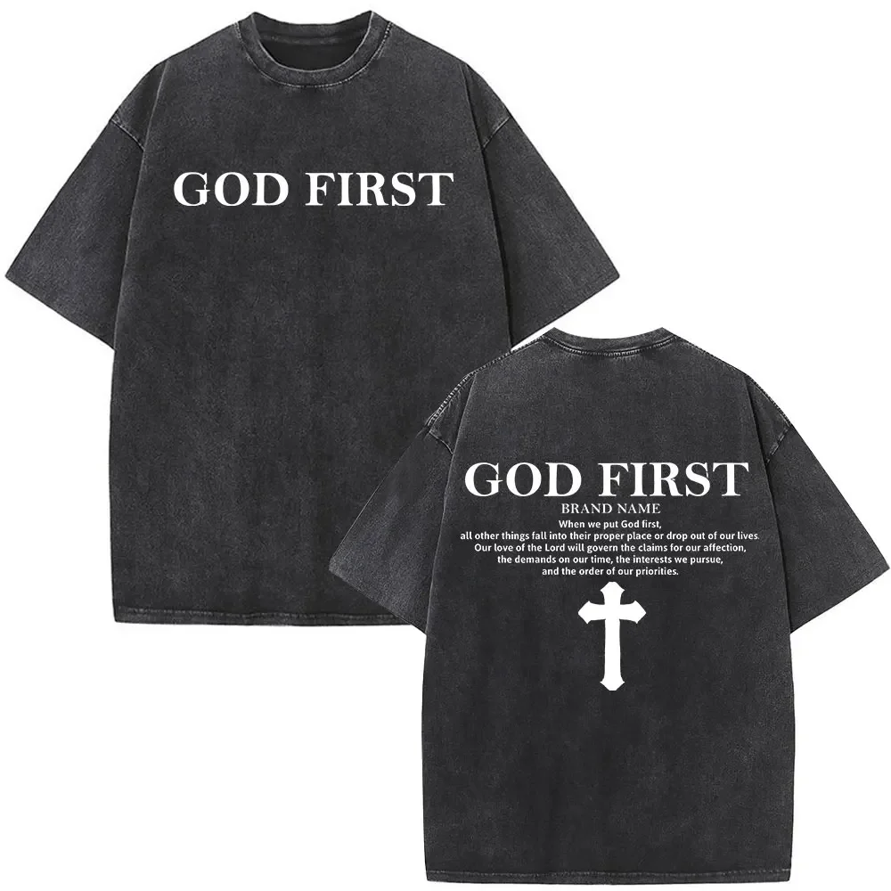 

Hot Sale Christian Jesus God First Washed Vintage T-shirts Men Women Fashion Cotton Short Sleeve Male Oversized Retro T Shirt