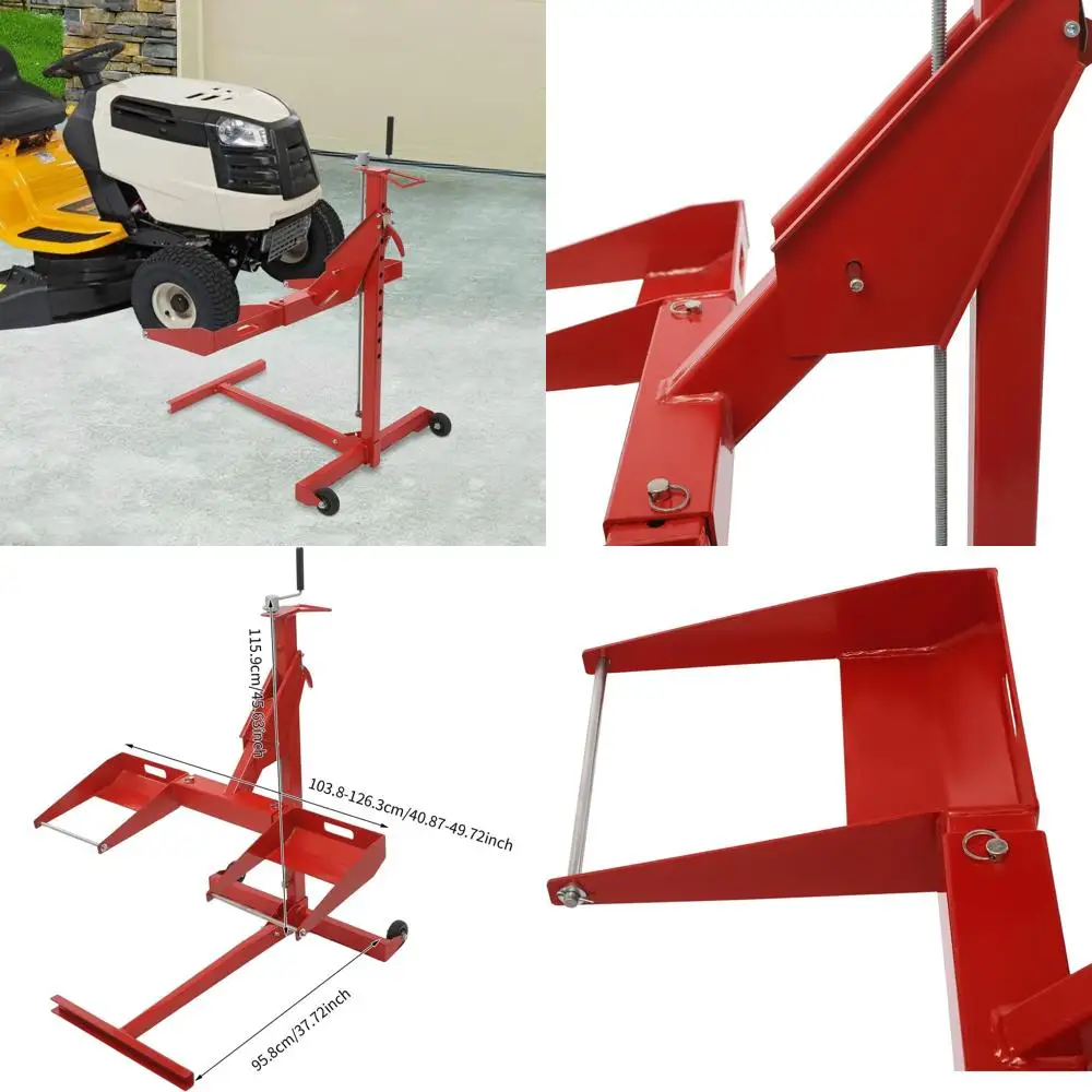 

Red Telescopic Lift Jack for Garden Tractors, 450 lbs Capacity, Easy Move, Zero Turn Mower Support