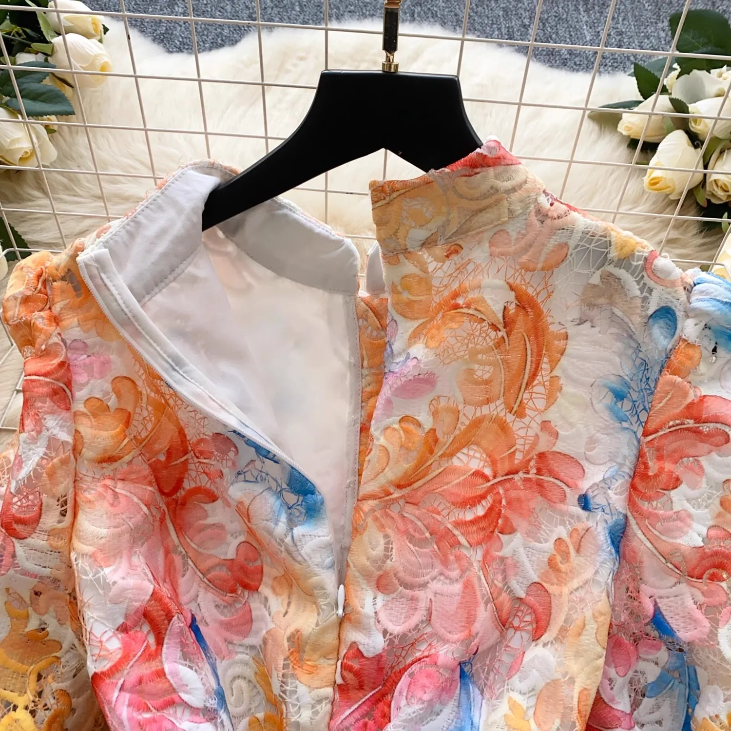 Summer Elegant Water Soluble Lace Embroidery Flower Dress Women Long Sleeve Hollow Out Single Breasted Belt Mini Party Vestidos