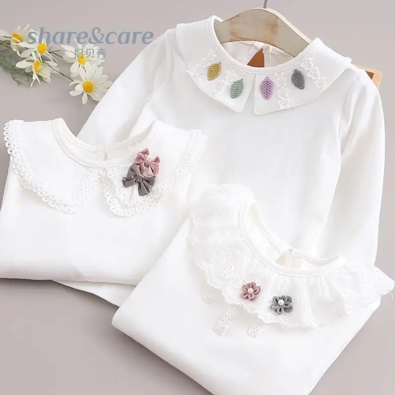 Toddler Girls T-shirts Autumn Cotton White Pullover Tops for Kids Fashion Children Long Sleeve Bottoming Shirts Cute Flower Tees