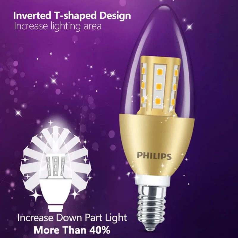 Philips BA35 Crystal LED Candle Bulb E14 Screw Fashion Silver Base 4.5W 2700K Warm Soft Home Chandelier Light