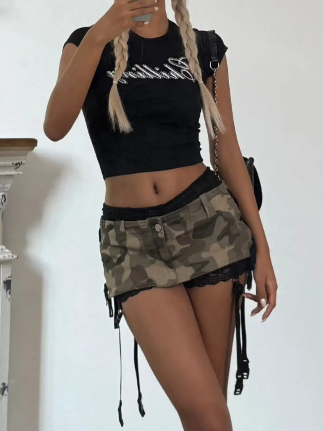 Américain rétro Y2k Super Shorts jupes taille basse à lacets Denim Camouflage serré Sexy hanche Shorts jupe