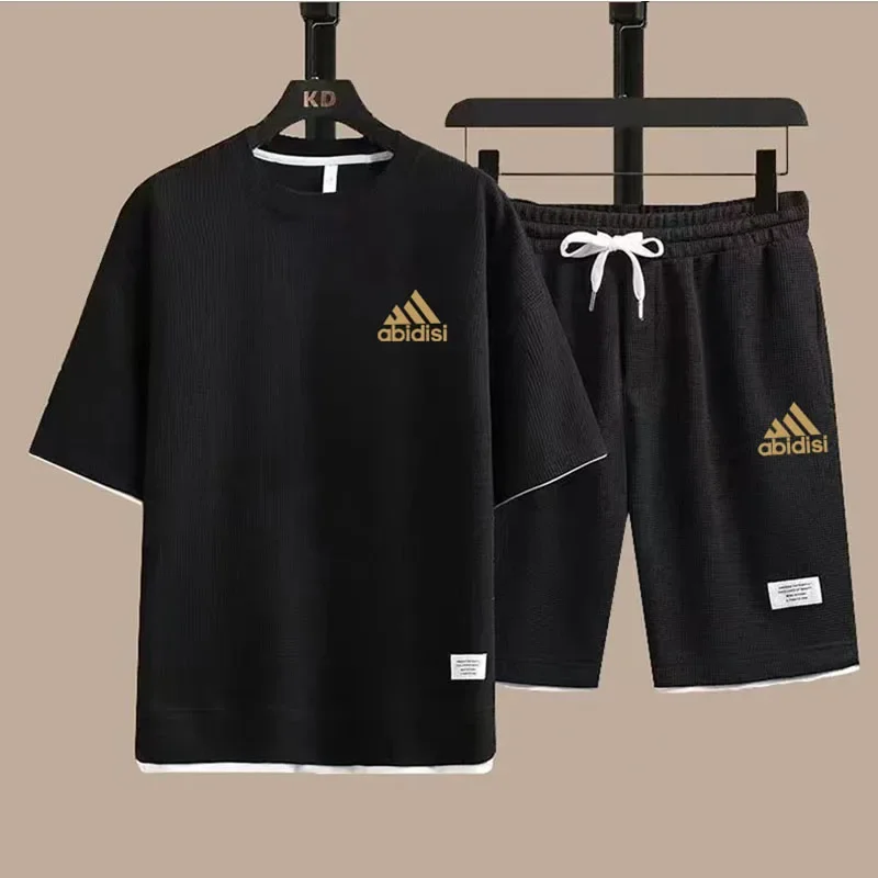 Summer Suit For Men Waffle Fabric Fashion Casual Clothing T-Shirt + Shorts Two Piece Set Male Sports Suit Short Sleeve Tracksuit