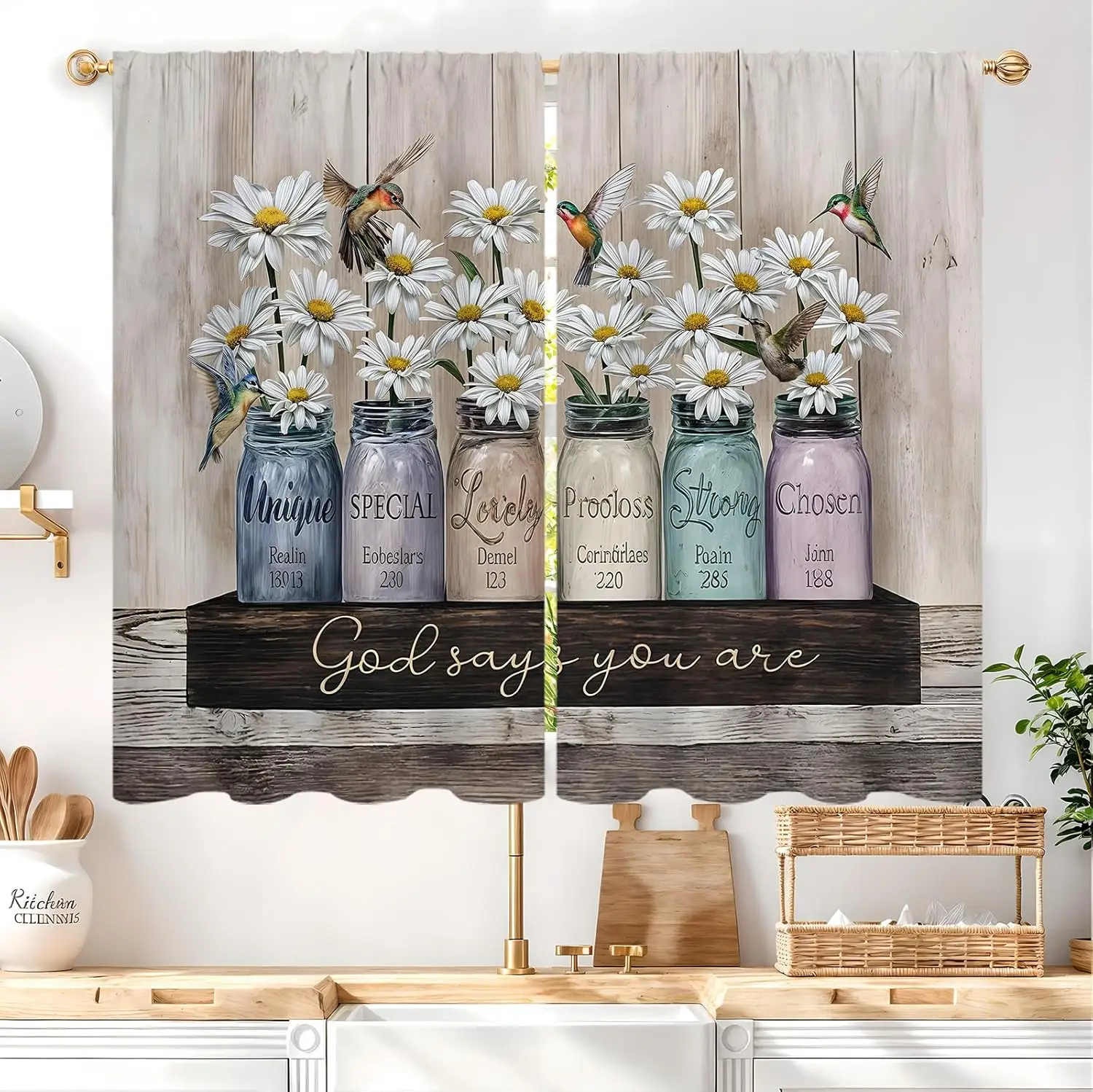 Daisy Hummingbird Curtains Inspirational Quote Mason Jar Print for Farmhouse Kitchen Window Decor