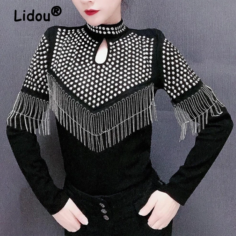 Women Korean Fashion Rhinestone Tassel Sexy Hollow Basic T-shirt 2024 Spring Autumn Half High Collar Long Sleeve Slim Black Tops