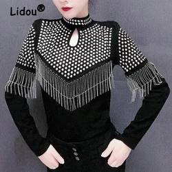 Women Korean Fashion Rhinestone Tassel Sexy Hollow Basic T-shirt 2024 Spring Autumn Half High Collar Long Sleeve Slim Black Tops