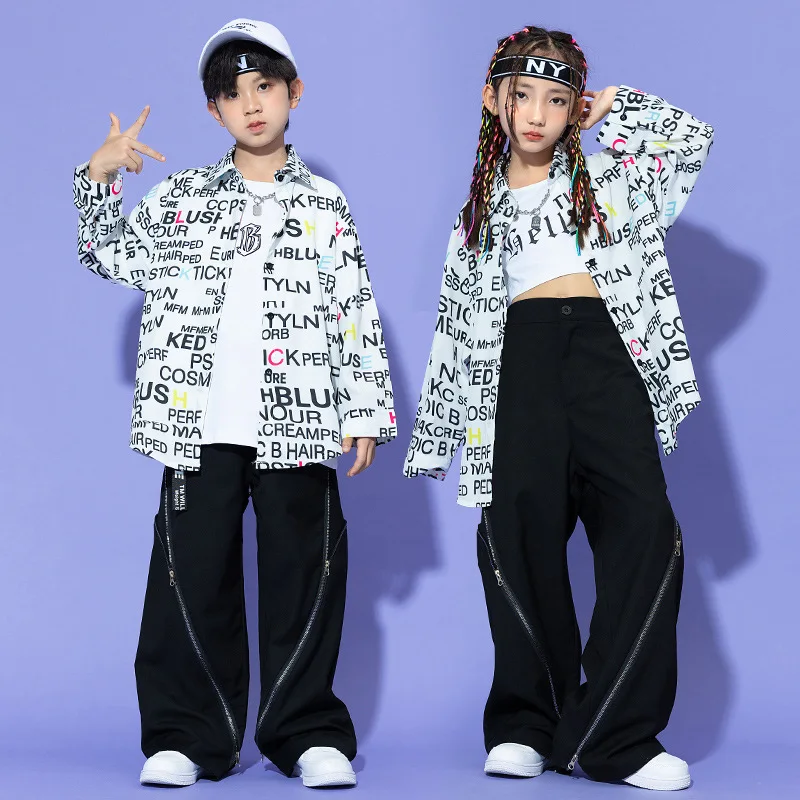 Kid Hip Hop Clothing White Letters Print Oversized Shirt Top Black Casual Zipper Pants for Girl Boy Jazz Dance Costume Clothes