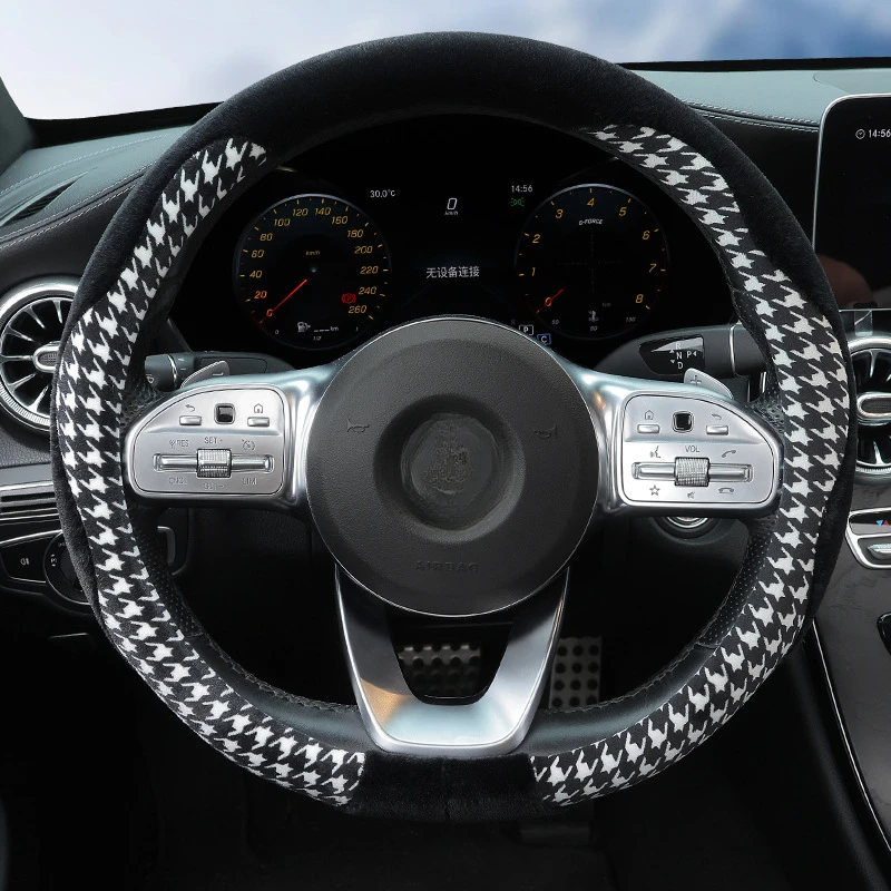 Houndstooth Car Steering Wheel Cover Winter Warm Anti-freeze Anti-slip Handlebar for Car Cover 14.96in Auto Interior Accessories