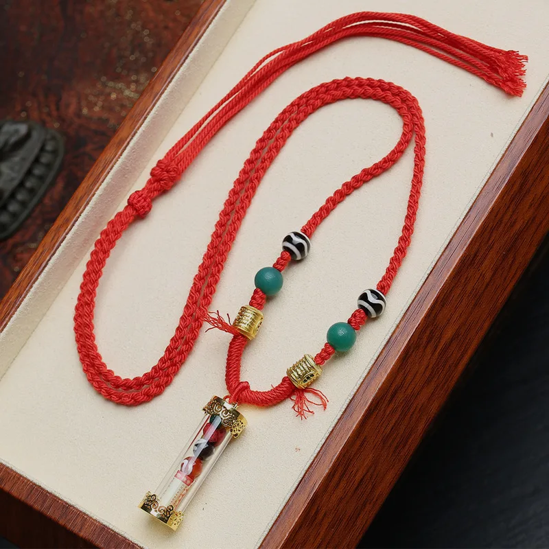 Tibetan-Style Woven Necklace With Agate, Dzi Beads, Scripture, Barley Charm Tube Pendant, And Red Rope Sweater Chain