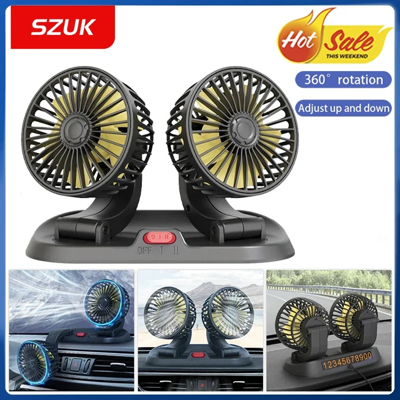 

Car Fan Portable Powerful USB Plug and Play Mini Double-Head Fan Strong Wind 2 Gears Adjustable Summer Heat Dissipation Car Fan