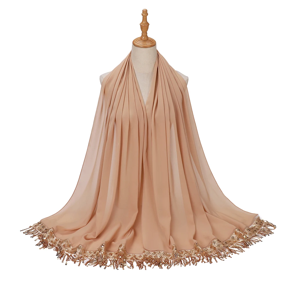 Neuer Pailletten-Quasten-Hijab Luxuriöse Chiffon-Schals Muslimischer Hijab Schlichte Lange Schals Damen Kopftuch Stirnband – Detail 10