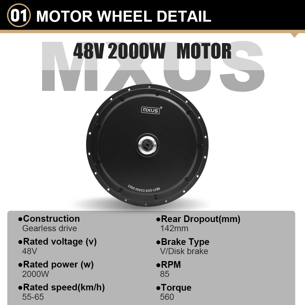 MXUS 48V2000W Ebike Motor Kit Brushless Gearless Hub 20