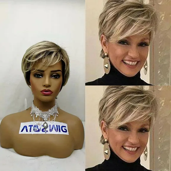 

Fashion Short Blonde Pixie Cut Wig With Bangs Ombre Brown Mixed Wigs Synthetic