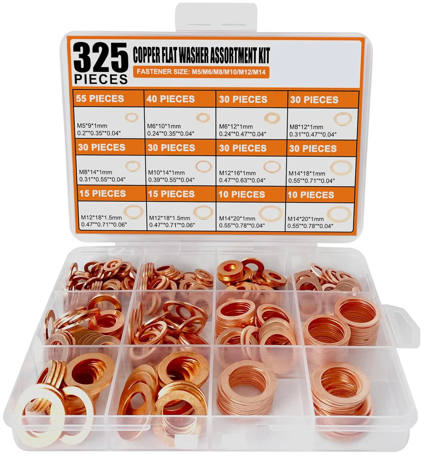 325pcs Flat Copper Washers Set, Copper Crush Washers Gasket Sealing spacer Assortment Kit,M6/M8/M10/M12/M14 for drain oil plug