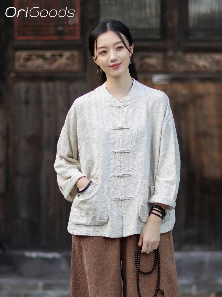 OriGoods JACQUARD Stoff Bluse Baumwolle Leinen Chinesischen Stil Lose Fit Jacquard Kleidung Mantel Herbst Vintage Shirt Frau Top C140