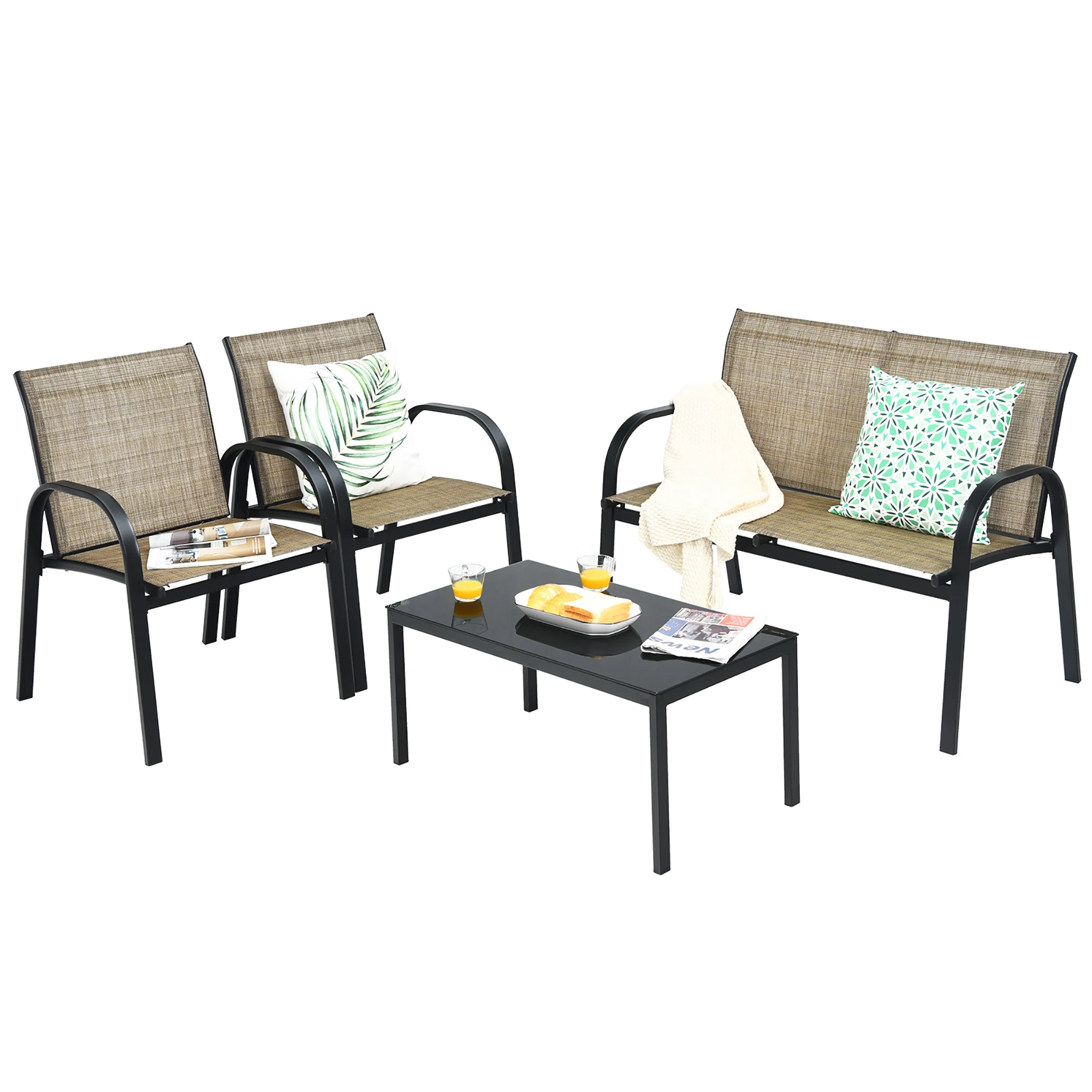 4 PCS Patio Furniture Set Sofa Coffee Table Steel Frame Garden Brown