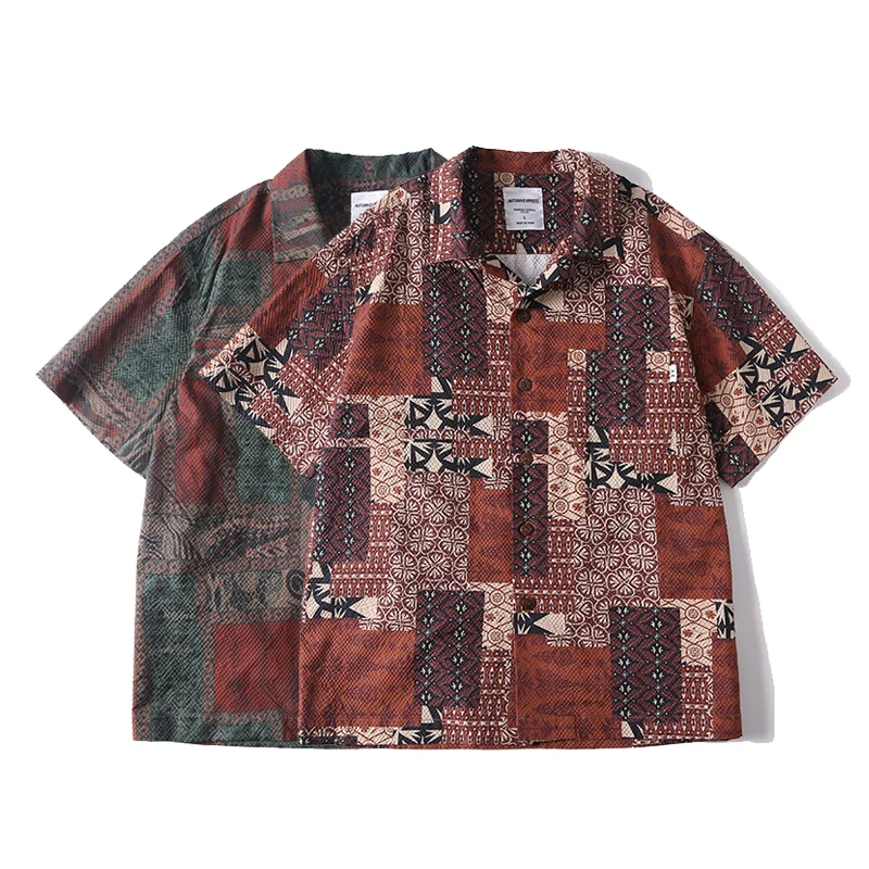 Men Summer Cool Seersucker Cuban Collar Printed Loose Casual Short Sleeve Beach Shirt Unisex Streetwear Vintage Shirts Blouses